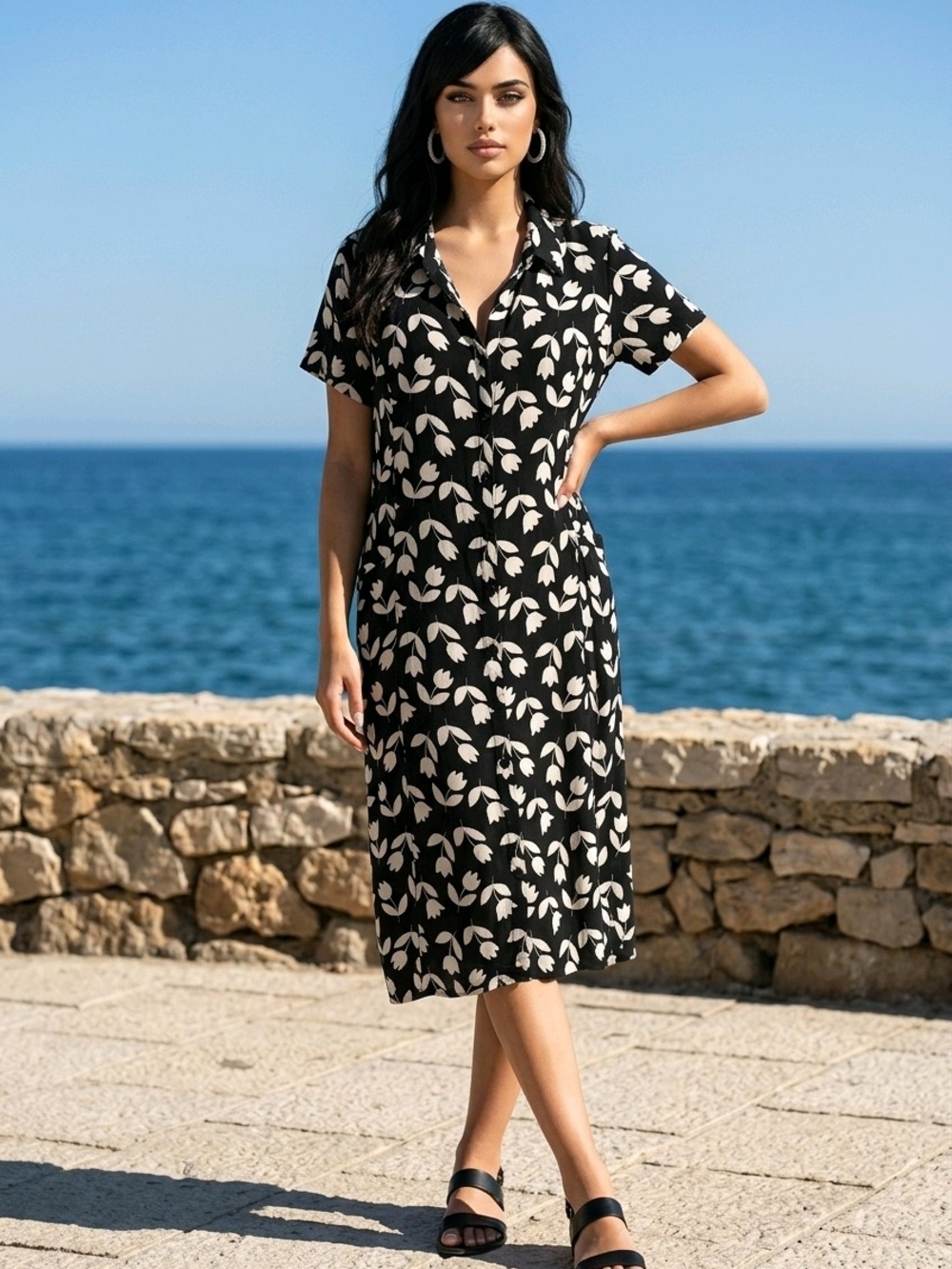 Norm Thompson Black Midi Shirt Dress with White Floral Print